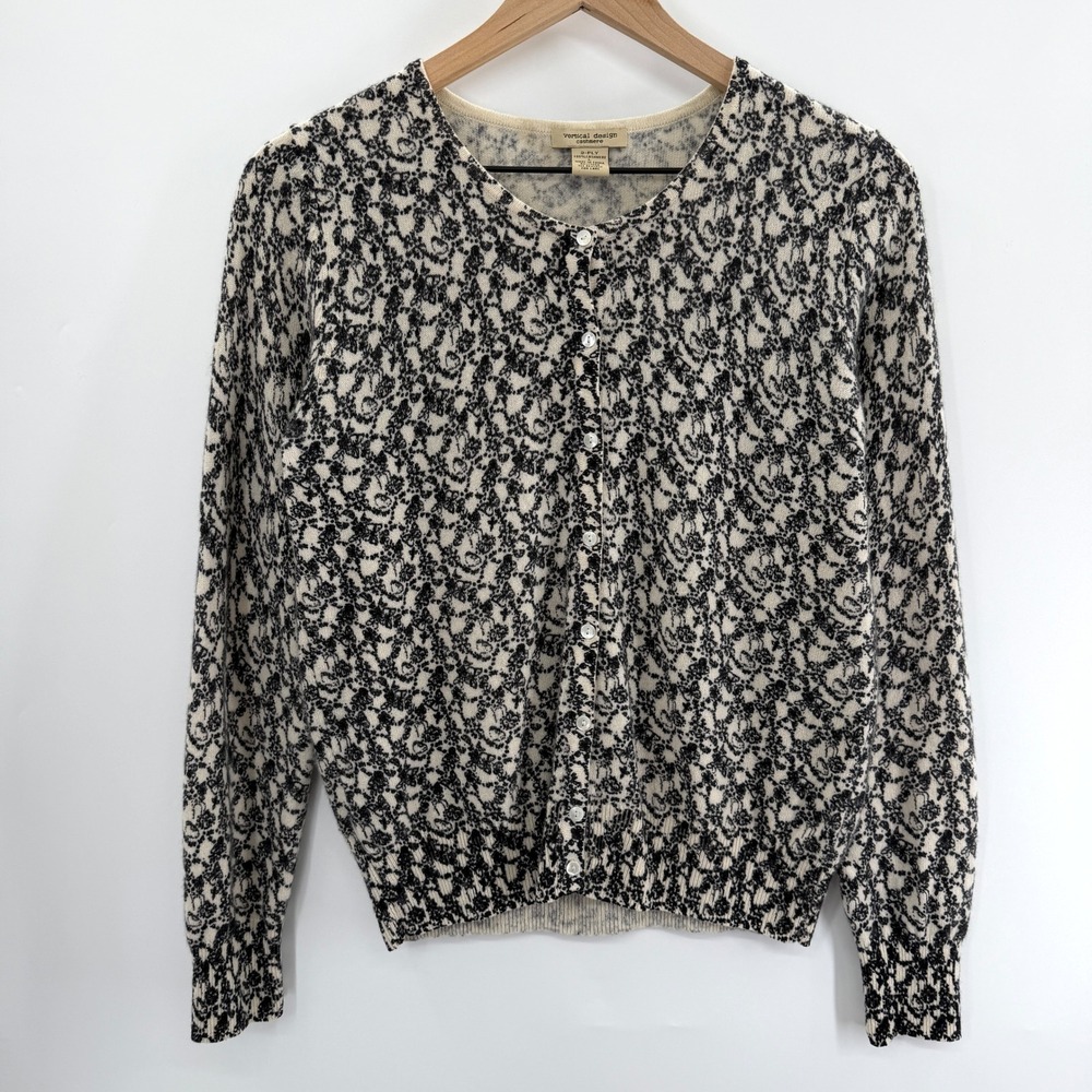 Vintage Y2K  Cashmere Button Front Cardigan‎ in Black Cream Floral Damask Size L
